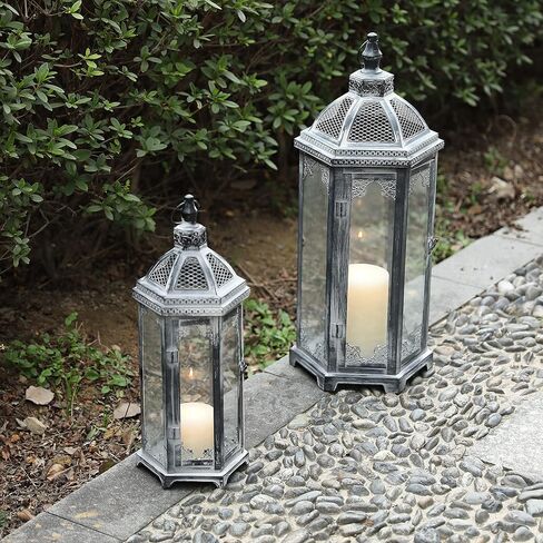 مجموعة من 2 فانوس خارجي 24 بوصة & 18 بوصة ارتفاع الزخرفية مصابيح الشموع المعدنية حامل الشموع مع زجاج مقسى ديكورات الخريف للمنزل حديقة فناء غرفة المعيشة داخلي ساحة المنزل مدخل المدخل (رمادي) in Kuwait