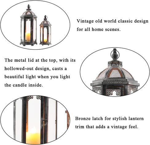 مجموعة من 2 فانوس خارجي 24 بوصة & 18 بوصة ارتفاع الزخرفية مصابيح الشموع المعدنية حامل الشموع مع زجاج مقسى ديكورات الخريف للمنزل حديقة فناء غرفة المعيشة داخلي ساحة المنزل مدخل المدخل (رمادي) in Kuwait