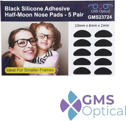 GMS Optical® Premium Silicone 3M Adhesive Half Moon Nose Pads 13mm x 6mm - Ideal for Smaller Frames (5 Pair) (Black) in Kuwait