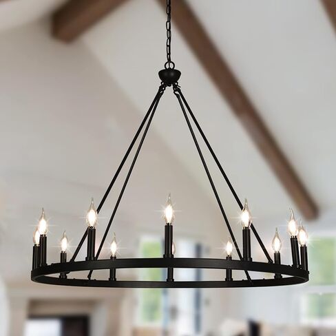 Psyverii 12-Light Candle Style Black Wagon Wheel الثريا، الرجعية مزرعة البلد نمط الصناعية الكبيرة جولة قلادة ضوء لاعبا اساسيا لغرفة المعيشة، غرفة الطعام، بهو، مدخل in Kuwait