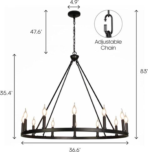 Psyverii 12-Light Candle Style Black Wagon Wheel الثريا، الرجعية مزرعة البلد نمط الصناعية الكبيرة جولة قلادة ضوء لاعبا اساسيا لغرفة المعيشة، غرفة الطعام، بهو، مدخل in Kuwait