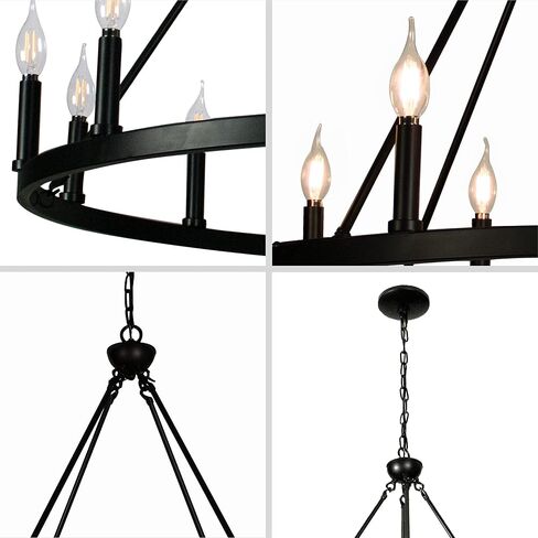 Psyverii 12-Light Candle Style Black Wagon Wheel الثريا، الرجعية مزرعة البلد نمط الصناعية الكبيرة جولة قلادة ضوء لاعبا اساسيا لغرفة المعيشة، غرفة الطعام، بهو، مدخل in Kuwait