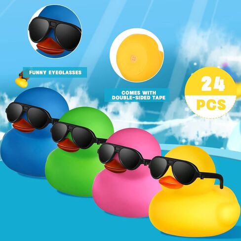 24 Pcs Mini Rubber Ducks with Sunglasses, Rubber Ducks in Bulk Valentine Bathtub Toys for Cruise Valentines Kids Classroom Gift Exchange(Eyeglasses) in Saudi Arabia
