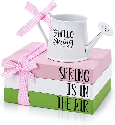 Spring Tiered Tray Decor Wooden Book Stack with Metal Mini Watering Can Farmhouse Hello Spring Decorative Items for Indoor Shelf Kitchen Holiday Home Accent for Guest Bathroom Living Room in Kuwait