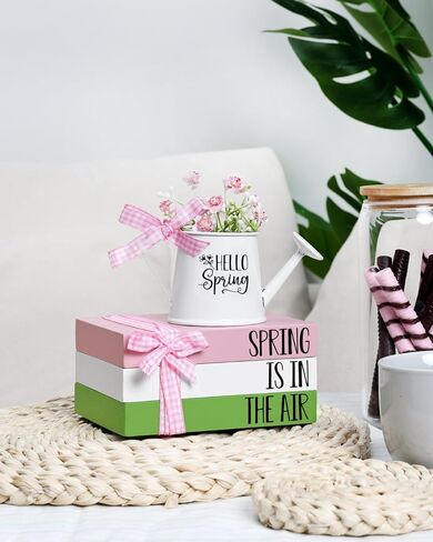 Spring Tiered Tray Decor Wooden Book Stack with Metal Mini Watering Can Farmhouse Hello Spring Decorative Items for Indoor Shelf Kitchen Holiday Home Accent for Guest Bathroom Living Room in Kuwait