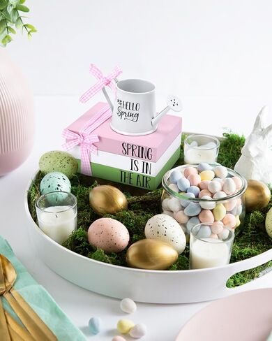 Spring Tiered Tray Decor Wooden Book Stack with Metal Mini Watering Can Farmhouse Hello Spring Decorative Items for Indoor Shelf Kitchen Holiday Home Accent for Guest Bathroom Living Room in Kuwait