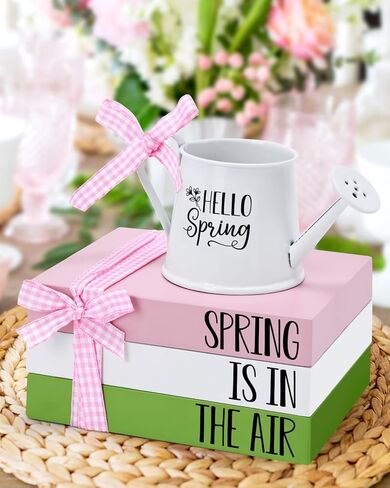 Spring Tiered Tray Decor Wooden Book Stack with Metal Mini Watering Can Farmhouse Hello Spring Decorative Items for Indoor Shelf Kitchen Holiday Home Accent for Guest Bathroom Living Room in Kuwait