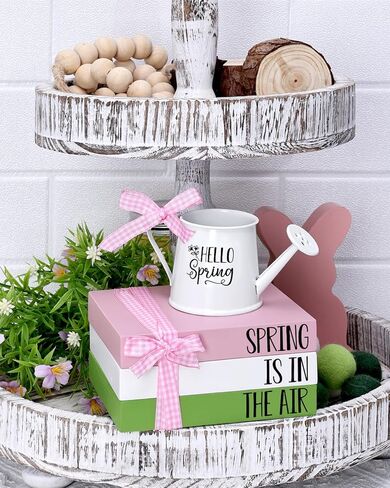 Spring Tiered Tray Decor Wooden Book Stack with Metal Mini Watering Can Farmhouse Hello Spring Decorative Items for Indoor Shelf Kitchen Holiday Home Accent for Guest Bathroom Living Room in Kuwait