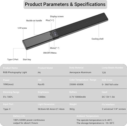 الرئيس التنفيذي ل لوكس عصا اضاءة فيديو LED مع تحكم عن طريق التطبيق، شاشة LCD، الوان كاملة 2500-6500 كلفن، ضوء تصوير احترافي CRI≥95 مع بطارية قابلة لاعادة الشحن 10000mAh، ضوء ملون محمول باليد in Kuwait