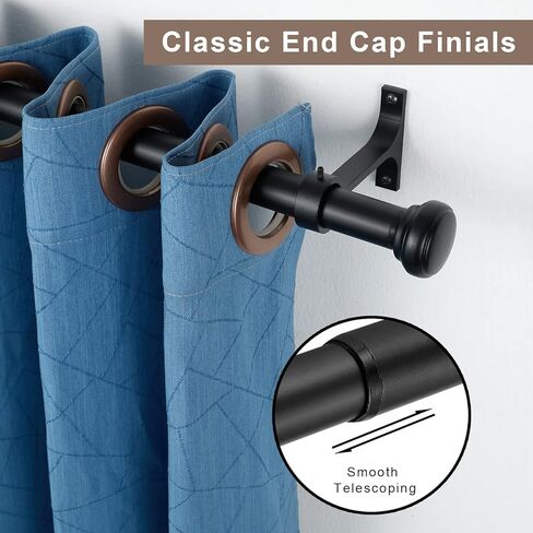2 Pack Curtain Rods for Windows 48 to 86 inch with Round Cap Finials, Heavy Duty Black Curtain Rods Extra-Thick 1-Inch Diameter Single Drapery Rod, Extendable Metal Rod Set of Window Treatment in Kuwait