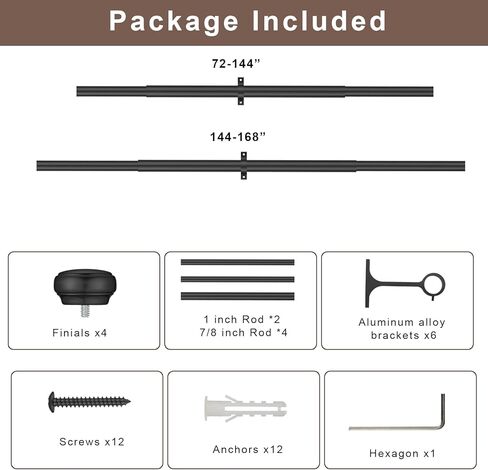 2 Pack Curtain Rods for Windows 48 to 86 inch with Round Cap Finials, Heavy Duty Black Curtain Rods Extra-Thick 1-Inch Diameter Single Drapery Rod, Extendable Metal Rod Set of Window Treatment in Kuwait