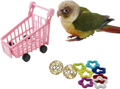 Bird Puzzle Training Toys Set，Parrots Tabletop Interactive Toys Pack，Parakeets Hobby Building Toys for Throwing Chewing Learning, Mini Pink Plastic Shopping Cart Toy with Balls for Cockatiel Conure in Kuwait