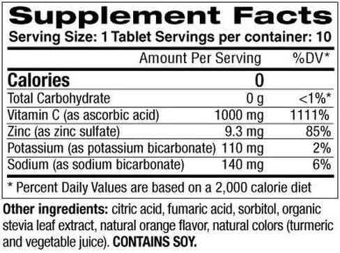 مكمل FizzBenefitz فيتامين C + الزنك القابل للذوبان بنكهة البرتقال - أقراص 1000 مجم يتم إطلاقها كمسحوق في سائل - مثالي للأطفال والكبار الذين يعانون من ابتلاع حبوب منع الحمل in Kuwait