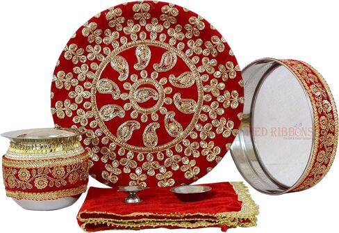 TIED RIBBONS Karwa Chauth Pooja Thali Set for Karwachauth Puja Combo (Puja Thali, Channi, Lota, Bindi, Book, Shagun Envelope with Pooja Accessories) Karva Chauth Gifts Items, D002 in Saudi Arabia