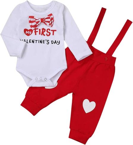 oklady My First Valentine's Day Newborn Baby Boys Outfits Bowtie Romper with Suspender Pants Gentleman Outfits Sets in Kuwait