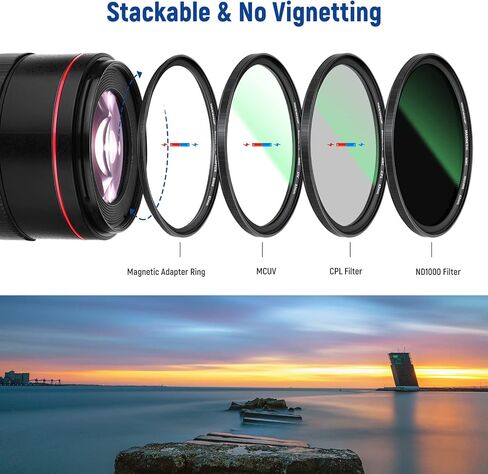 NEEWER 82mm 4-in-1 Magnetic Lens Filter Kit, Includes Neutral Density ND1000+MCUV+CPL+Adapter Ring with 42-Layer Coating/Ultra Slim/Waterproof/Scratch Resistant HD Optical Glass&Water-Resistant Pouch in Saudi Arabia