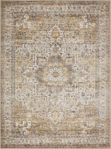 منطقة البساط 9x12 غرفة المعيشة: سجاد ناعم كبير قابل للغسل مع دعم مطاطي غير قابل للانزلاق مقاوم للبقع، سجادة بوهو عتيقة حديثة داخلية لغرفة النوم وغرفة الطعام وغرفة الحضانة والمكتب المنزلي (بيج/بني) in Saudi Arabia