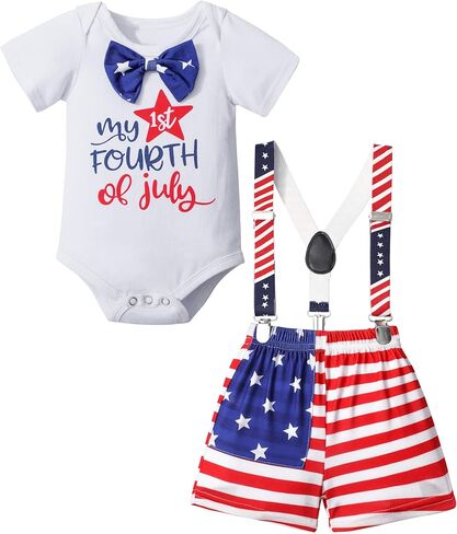 طقم ملابس للأطفال الرضع في الرابع من يوليو، رومبير مطبوع عليه حروف عيد الاستقلال بأكمام قصيرة مع ربطة عنق + شورت حمالات مكون من قطعتين in Kuwait