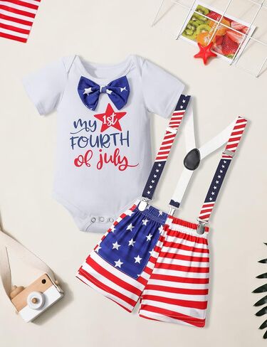 طقم ملابس للأطفال الرضع في الرابع من يوليو، رومبير مطبوع عليه حروف عيد الاستقلال بأكمام قصيرة مع ربطة عنق + شورت حمالات مكون من قطعتين in Kuwait