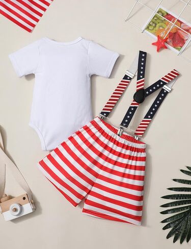طقم ملابس للأطفال الرضع في الرابع من يوليو، رومبير مطبوع عليه حروف عيد الاستقلال بأكمام قصيرة مع ربطة عنق + شورت حمالات مكون من قطعتين in Kuwait