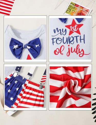 طقم ملابس للأطفال الرضع في الرابع من يوليو، رومبير مطبوع عليه حروف عيد الاستقلال بأكمام قصيرة مع ربطة عنق + شورت حمالات مكون من قطعتين in Kuwait