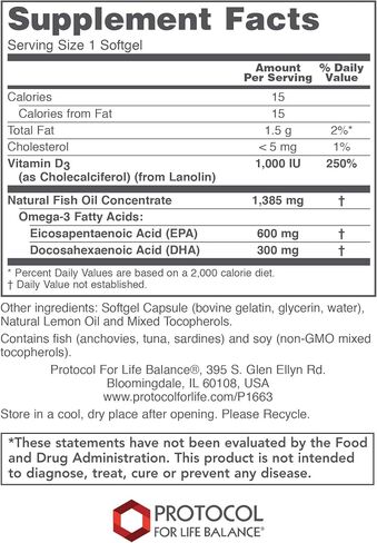 Protocol Ultra Omega 3-D - Fish Oil DHA 300mg, EPA 600mg - Vitamin D3 1,000 IU - Lemon - 90 Softgels in Saudi Arabia