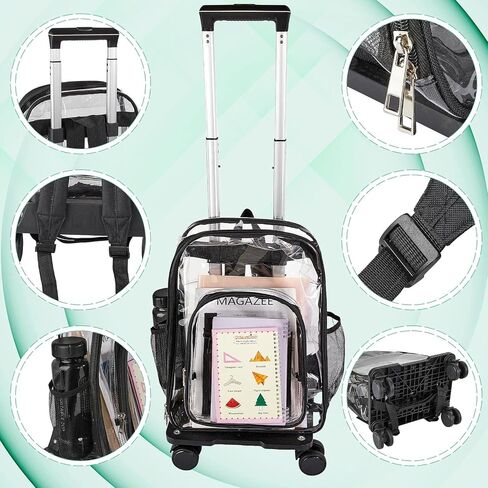Amylove 17 Inch Rolling Clear Backpack Heavy Duty Transparent Wheeled Kids Backpack with Clear Lunch Handle Bag PVC See Through Rolling Bookbag for Boys Girls women men Stadium School (Pure Style) in Saudi Arabia