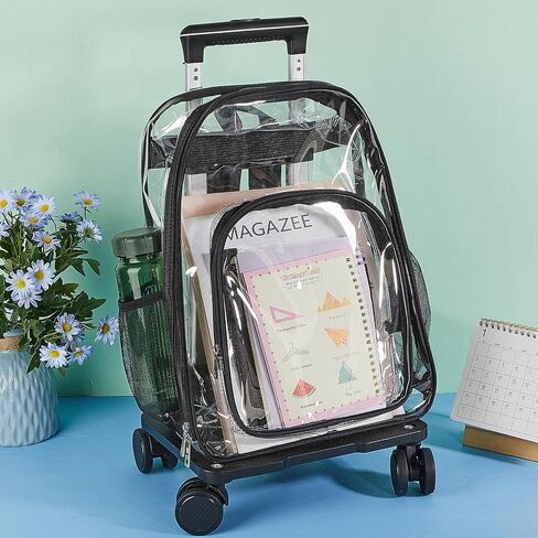 Amylove 17 Inch Rolling Clear Backpack Heavy Duty Transparent Wheeled Kids Backpack with Clear Lunch Handle Bag PVC See Through Rolling Bookbag for Boys Girls women men Stadium School (Pure Style) in Saudi Arabia