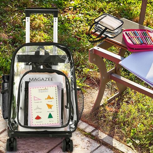 Amylove 17 Inch Rolling Clear Backpack Heavy Duty Transparent Wheeled Kids Backpack with Clear Lunch Handle Bag PVC See Through Rolling Bookbag for Boys Girls women men Stadium School (Pure Style) in Saudi Arabia