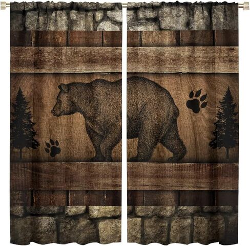 Rustic Farmhouse Curtains, Retro Wooden Barn Door Wood Board Cabin Wild Animals Bear Deer Vintage Farm Country Print Blackout Window Drapes for Kitchen Living Room Bedroom 42x45 Inch in Saudi Arabia