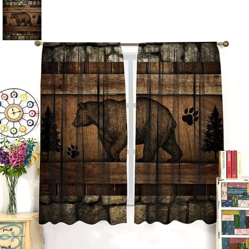 Rustic Farmhouse Curtains, Retro Wooden Barn Door Wood Board Cabin Wild Animals Bear Deer Vintage Farm Country Print Blackout Window Drapes for Kitchen Living Room Bedroom 42x45 Inch in Saudi Arabia
