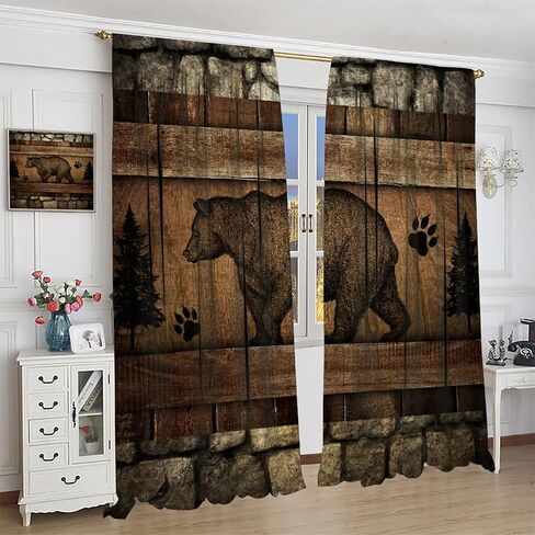 Rustic Farmhouse Curtains, Retro Wooden Barn Door Wood Board Cabin Wild Animals Bear Deer Vintage Farm Country Print Blackout Window Drapes for Kitchen Living Room Bedroom 42x45 Inch in Saudi Arabia