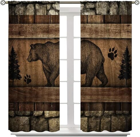 Rustic Farmhouse Curtains, Retro Wooden Barn Door Wood Board Cabin Wild Animals Bear Deer Vintage Farm Country Print Blackout Window Drapes for Kitchen Living Room Bedroom 42x45 Inch in Saudi Arabia