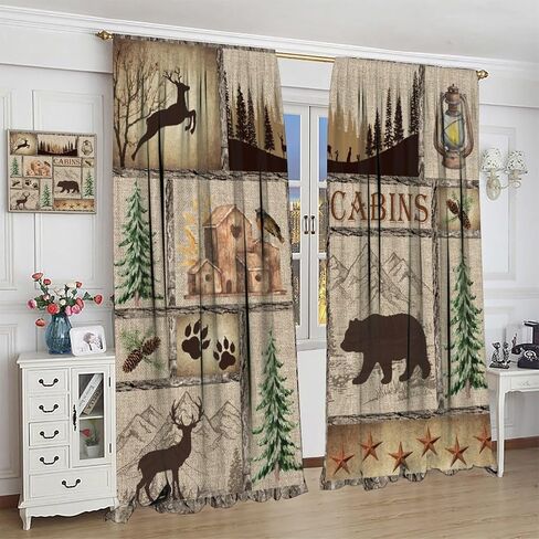 Rustic Farmhouse Curtains, Retro Wooden Barn Door Wood Board Cabin Wild Animals Bear Deer Vintage Farm Country Print Blackout Window Drapes for Kitchen Living Room Bedroom 42x45 Inch in Saudi Arabia
