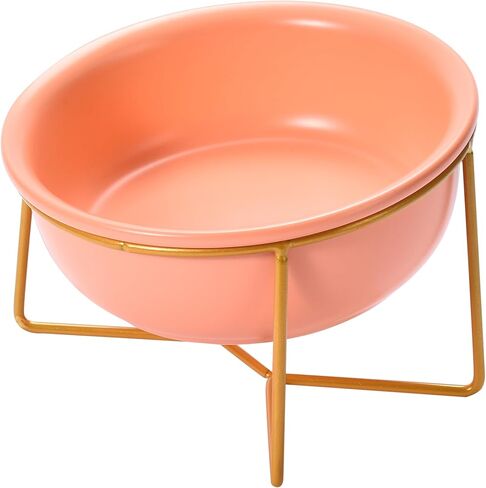 Black Rhino Elevated Food and Water Bowl Set - Dog and Cat Pink Bowl with Gold Iron Tilted Frame - 5.8'' Dual Ceramic Bowl, Ideal and Comfortable Feeding Position for Dogs and Cats in Kuwait