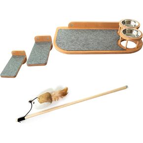 Stellken Wall Mounted Cat Feeder and Steps - Brown Wood Cat Shelf and 2 Steps - Complete with a Cat Interactive Wood Rod with Attached Toy in Saudi Arabia