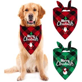 Christmas Dog Bandanas, LMSHOWOWO 2 Pack Cotton Double Layer Double Sided Merry Christmas Santa Snowman Print Pet Bandana, Triangle Christmas Plaid Dog Scarf Bibs for Small Dogs Pets (Small)