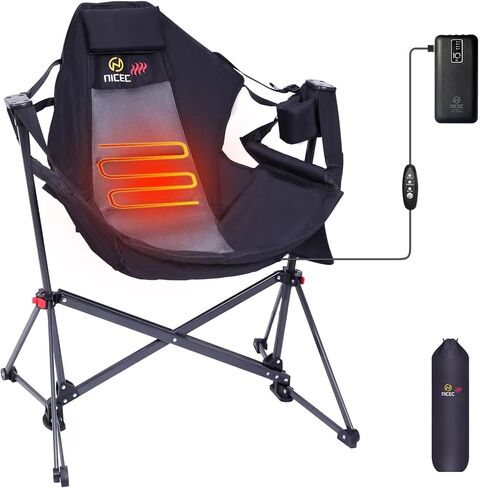 Nice C Heated Hammock Camping Chair with Battery, Swing Rocking Folding Outdoor Chair, High Back Chairs with Stand, Cup Holder, Side Pocket, Heavy Duty, 10000mAh Power Bank Included(1 Pack) in Saudi Arabia
