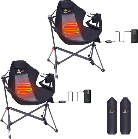 Nice C Heated Hammock Camping Chair, Swing Chair, Folding Rocking Chair, Camping Chair, High Back with Stand, Cup Holder, Side Pocket, Heavy Duty 10000mAh Power Bank Included (Set of 2) in Kuwait