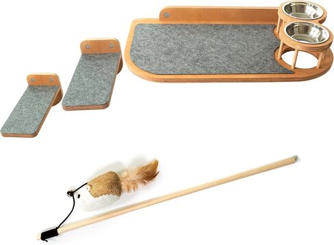 Stellken Wall Mounted Cat Feeder and Steps - Brown Wood Cat Shelf and 2 Steps - Complete with a Cat Interactive Wood Rod with Attached Toy in Saudi Arabia