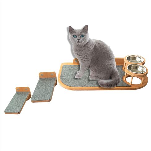 Stellken Wall Mounted Cat Feeder and Steps - Brown Wood Cat Shelf and 2 Steps - Complete with a Cat Interactive Wood Rod with Attached Toy in Saudi Arabia