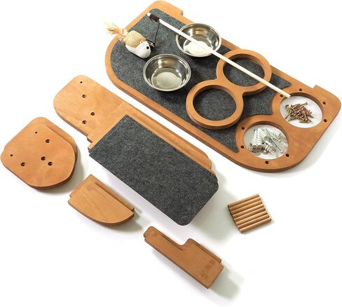 Stellken Wall Mounted Cat Feeder and Steps - Brown Wood Cat Shelf and 2 Steps - Complete with a Cat Interactive Wood Rod with Attached Toy in Saudi Arabia