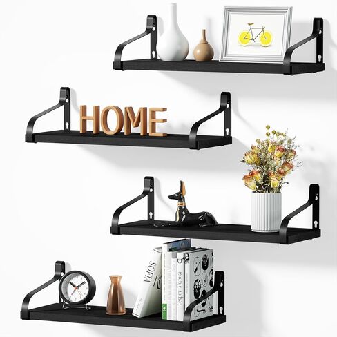 Love-KANKEI Black Floating Shelves for Wall Set of 4, Rustic Wood Wall Shelves with Brackets, 15.7 Inch Hanging Shelves for Bathroom, Bedroom, Living Room, Kitchen, Office Display in Kuwait