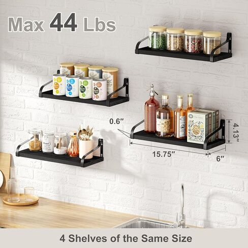 Love-KANKEI Black Floating Shelves for Wall Set of 4, Rustic Wood Wall Shelves with Brackets, 15.7 Inch Hanging Shelves for Bathroom, Bedroom, Living Room, Kitchen, Office Display in Kuwait