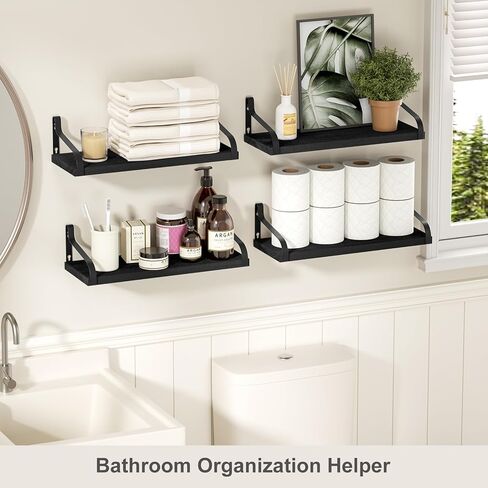 Love-KANKEI Black Floating Shelves for Wall Set of 4, Rustic Wood Wall Shelves with Brackets, 15.7 Inch Hanging Shelves for Bathroom, Bedroom, Living Room, Kitchen, Office Display in Kuwait