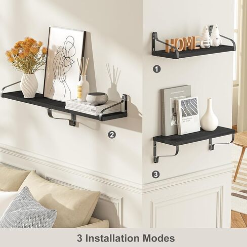 Love-KANKEI Black Floating Shelves for Wall Set of 4, Rustic Wood Wall Shelves with Brackets, 15.7 Inch Hanging Shelves for Bathroom, Bedroom, Living Room, Kitchen, Office Display in Kuwait