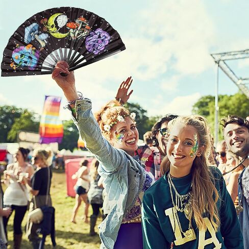 Large Folding Hand Rave Fan for Women/Men,Clack Handheld Fan Bamboo Rave Hand Fan Skeleton Skull Festival Fan for Hallowee,EDM,Music,Festival,Club,Freaky,Party,Dance,Performance,Decoration,Gift in Kuwait