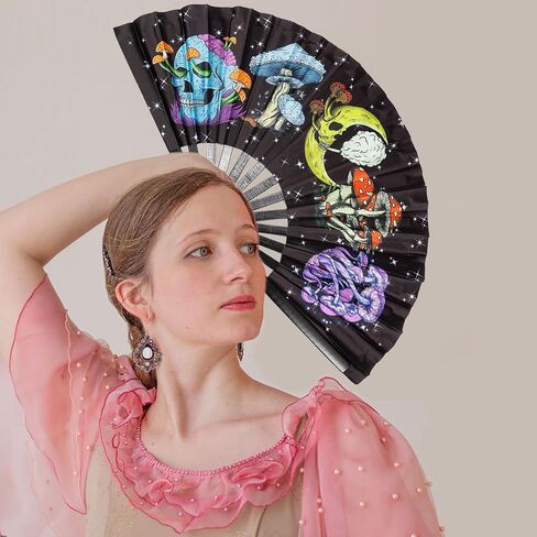 Large Folding Hand Rave Fan for Women/Men,Clack Handheld Fan Bamboo Rave Hand Fan Skeleton Skull Festival Fan for Hallowee,EDM,Music,Festival,Club,Freaky,Party,Dance,Performance,Decoration,Gift in Kuwait