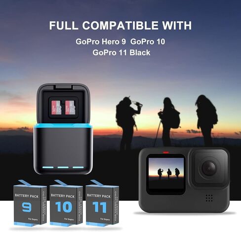 شاحن بطارية yeewanke 3 قنوات USB مع سلك من النوع C لـ GoPro Hero 12/11/10/9 أسود، حقيبة تخزين البطاريات متوافقة تمامًا مع Go Pro 12 11 10 9 الأصلي in Kuwait