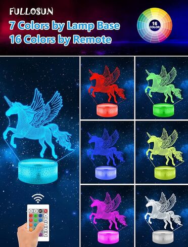 فولوسن هدايا يونيكورن للشوايات، مصباح ليلي وهمي ثلاثي الابعاد بجانب السرير مع جهاز تحكم عن بعد 16 لون متغير وظيفة خافتة، هدايا ابداعية للغرفة/ديكور المنزل واعياد الميلاد للاولاد والبنات in Kuwait
